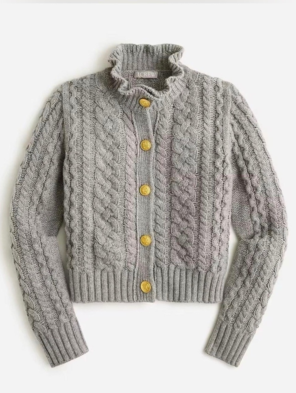 J. Crew Grey Cable-knit ruffleneck cardigan sweater Gold Button